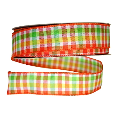JAM Paper 1.5" x 50yd. Orange & Green Plaid Wired Ribbon