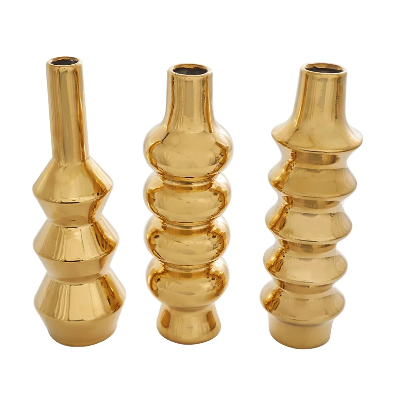 Gold Ceramic Abstract Bubble Ribbed Vase Set