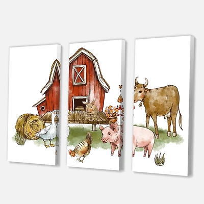 Designart - Farm House With Goose Chicken Cow Pig and Haystack