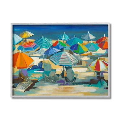 Stupell Industries Colorful Beach Umbrella Landscape Nautical Deep Blue Framed Wall Art