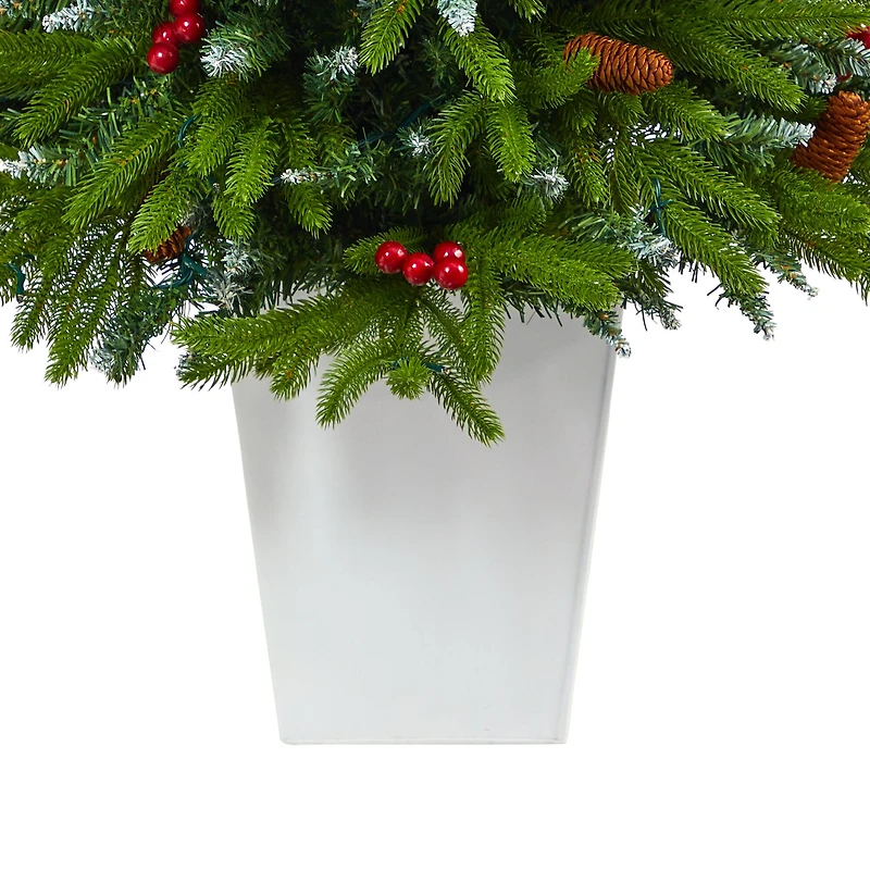 4.5ft. Pre-Lit Snow Tipped Portland Spruce Artificial Christmas Tree in White Metal Planter, Clear LED Lights