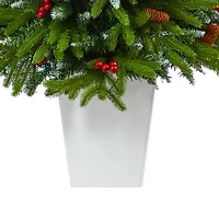 4.5ft. Pre-Lit Snow Tipped Portland Spruce Artificial Christmas Tree in White Metal Planter, Clear LED Lights 