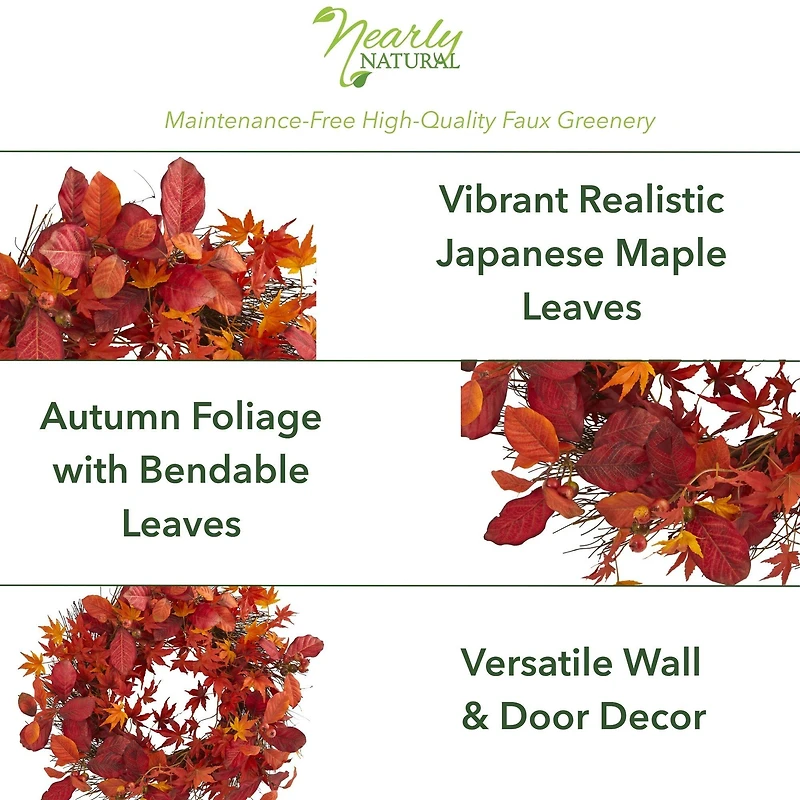 22" Japanese Maple, Magnolia Leaf & Berries Wreath