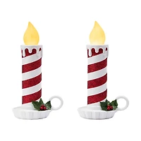 10" Red & White Flickering LED Glittery Striped Candles, 2ct.