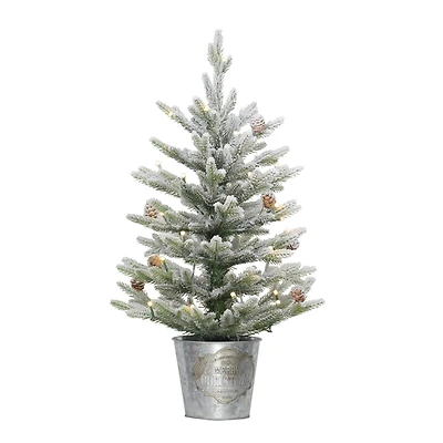 2 ft. Pre-Lit Flocked Table Top Artificial Christmas Tree In Metal Pot
