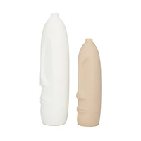 Set of 2 Beige Stoneware Contemporary Vase, 19" x 5" x 5"