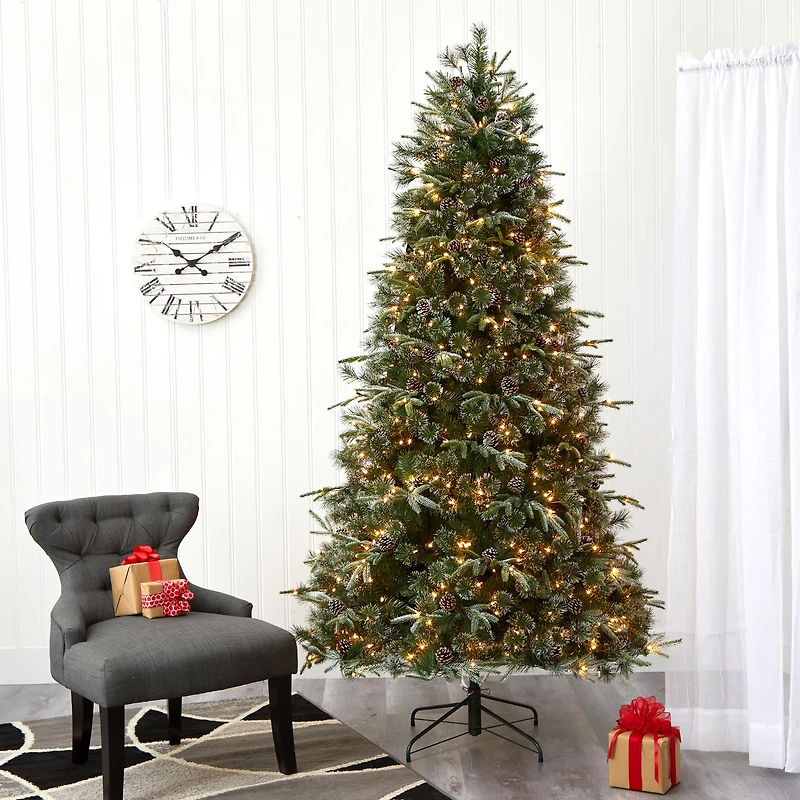 7.5ft. Pre-Lit Snowed Tipped Clermont Mixed Pine & Pinecones Artificial Christmas Tree with Clear LED Lights