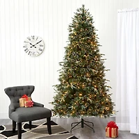 7.5ft. Pre-Lit Snowed Tipped Clermont Mixed Pine & Pinecones Artificial Christmas Tree with Clear LED Lights