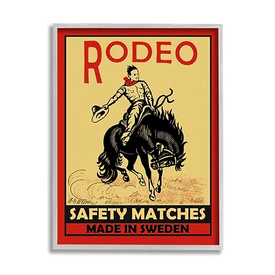 Stupell Industries Rodeo Safety Matches Cowboy Bucking Bronco Red Yellow in Gray Frame Wall Art