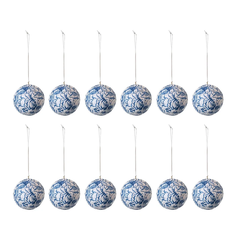 Hello Honey® 12 Pack 3" Blue & Cream Round Printed Paper Mache Ball Ornaments with Flowers & Peacock Feather Design
