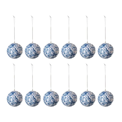 Hello Honey® 12 Pack 3" Blue & Cream Round Printed Paper Mache Ball Ornaments with Flowers & Peacock Feather Design