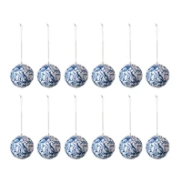 Hello Honey® 12 Pack 3" Blue & Cream Round Printed Paper Mache Ball Ornaments with Flowers & Peacock Feather Design