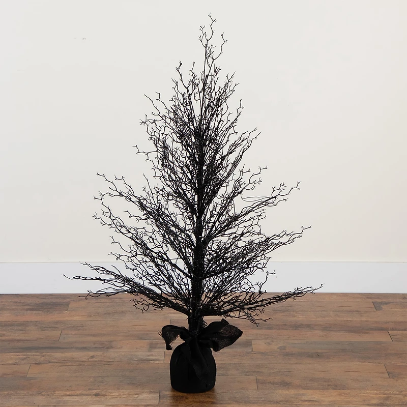 4ft. Pre-Lit LED Halloween Black Twig Artificial Fall Tree in Burlap Planter