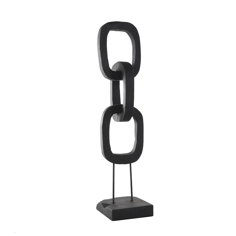 32" Black Teak Wood 3-Link Chain Sculpture with Stand