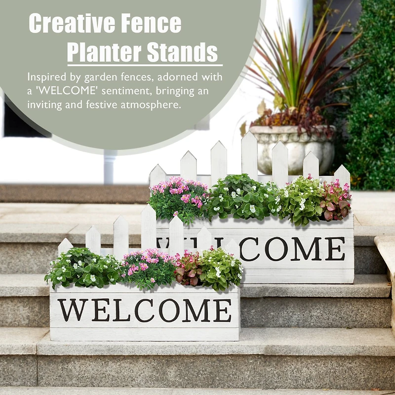 Glitzhome® White Wood WELCOME Fence-Inspired Planter Stand Set