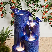 Glitzhome® 31.75" Cobalt Blue 4-Tier Dandelion Texture Vase-Shaped Ceramic Outdoor Fountain with LED Light
