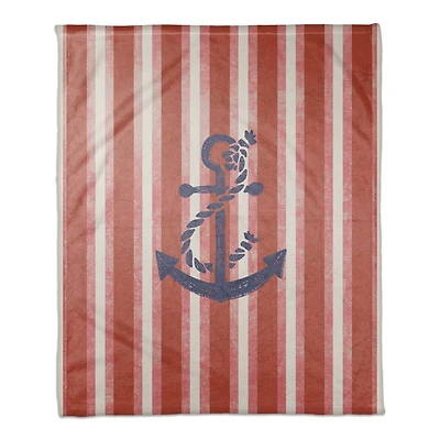Red Stripes & Anchor Coral Fleece Blanket