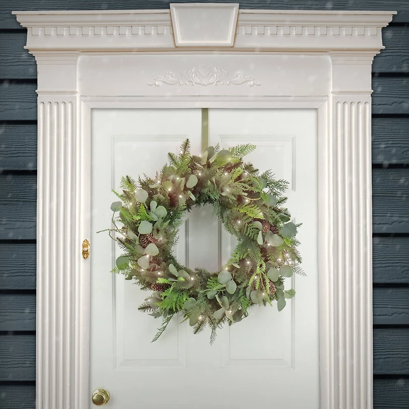 First Traditions™ 30'' Pre-Lit Artificial North Conway Wreath with Glittery Cones and Eucalyptus