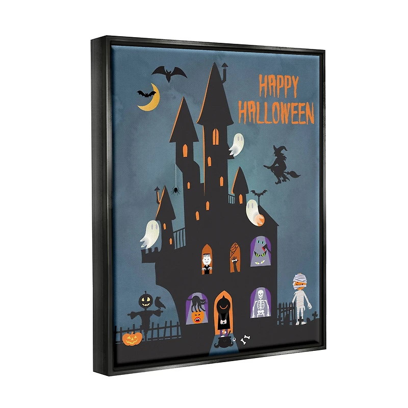 Stupell Industries Happy Halloween Haunted Ghost House Framed Floater Canvas Wall Art