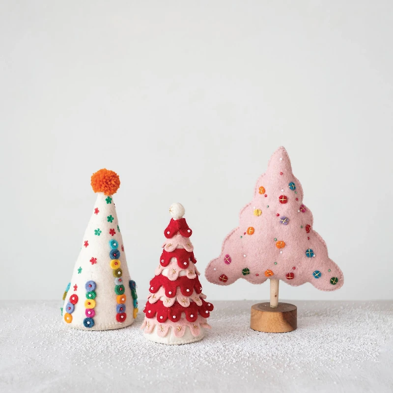 Hello Honey® 9" Red, Pink & White Handmade Wool Felt Tree with Pom Pom Topper
