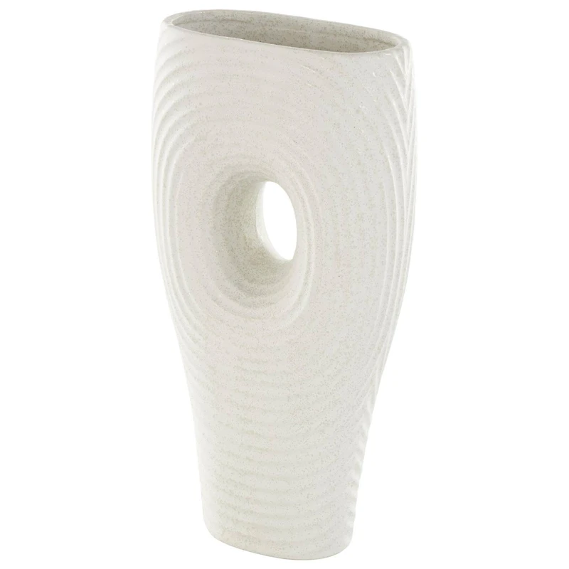 16" White Speckled Ceramic Ribbed Cutout Vase