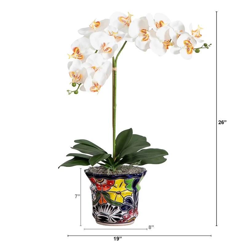 2ft. Artificial Double Orchid Arrangement in Handmade Mexican Talavera Ceramic Planter