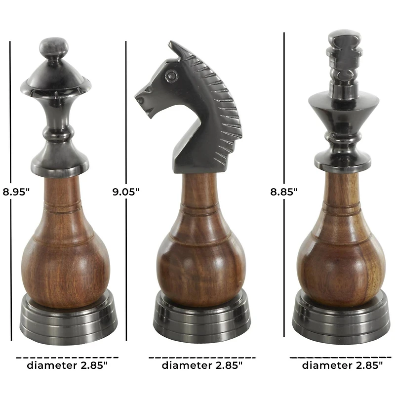9" Dark Gray & Brown Aluminum & Mango Wood Chess Piece Sculpture Set