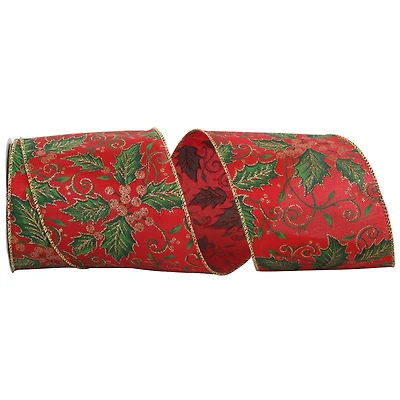 JAM Paper 4" x 10yd. Satin Wired Holly Leaf Glitter Ribbon