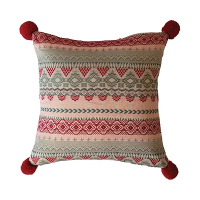 Hello Honey® 18" Multicolor Jacquard Throw Pillow with Velvet Back & Pom Poms