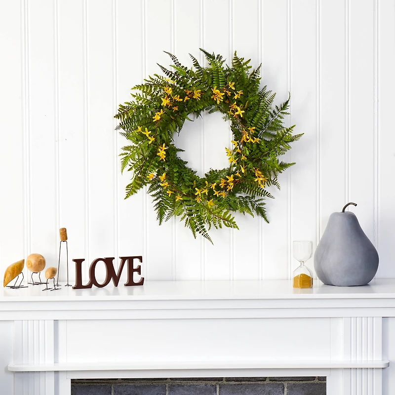 24" Mixed Fern & Forsythia Artificial Wreath