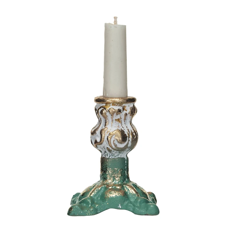 Hello Honey® 4" Green, Gold & Cream Distressed Cast Metal Taper Candleholder