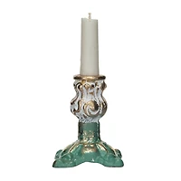Hello Honey® 4" Green, Gold & Cream Distressed Cast Metal Taper Candleholder