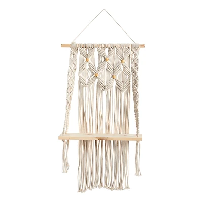 2.5ft. x 1.5ft. Handmade Boho Macrame Wall Hanging with Wooden Shelf