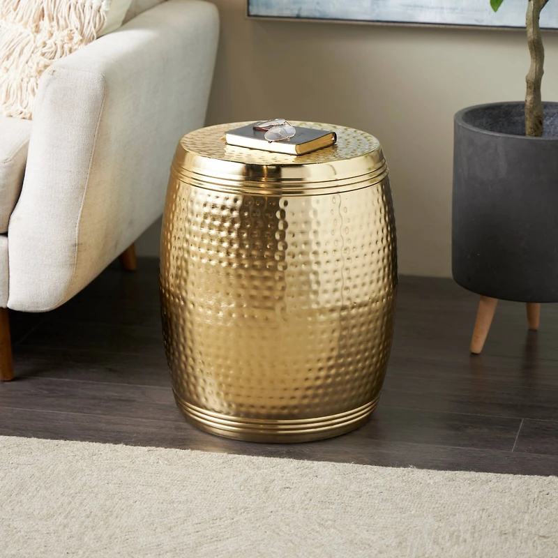 19" Gold Metal Hammered Drum Side End Accent Table
