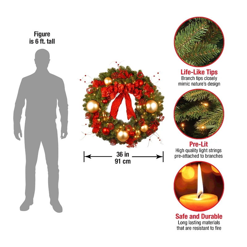 36" Decorative Collection Cozy Christmas Wreath With Red & Clear Lights