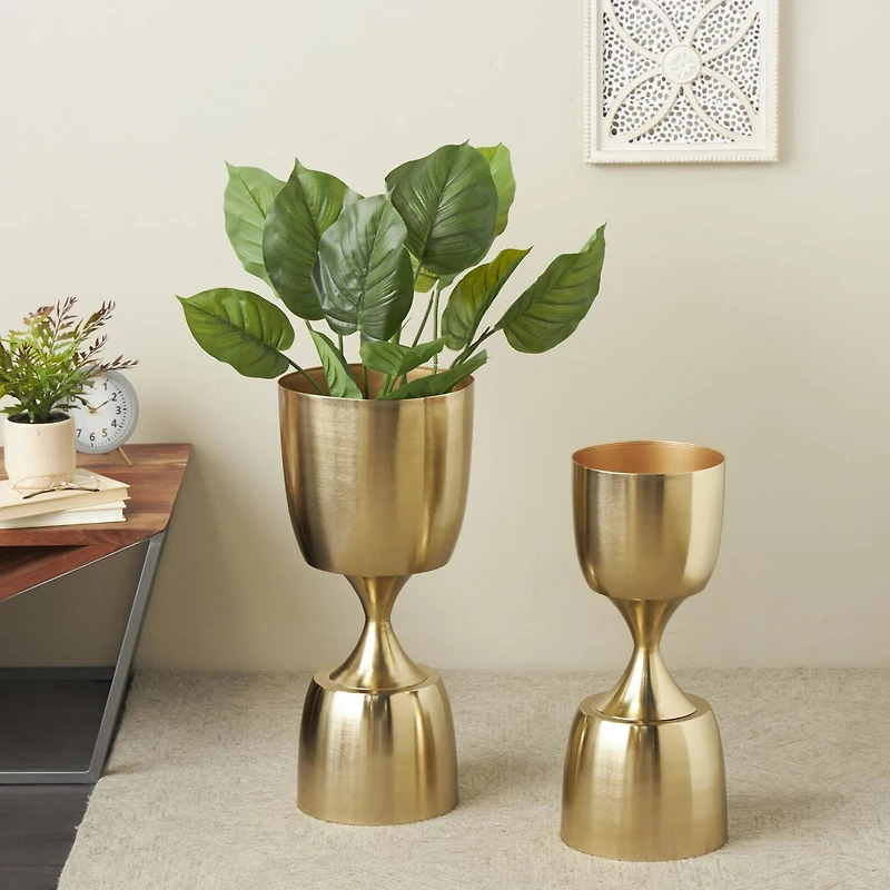 Gold Hourglass Shaped Metal Planter Set with Elevated Base
