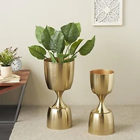 Gold Hourglass Shaped Metal Planter Set with Elevated Base