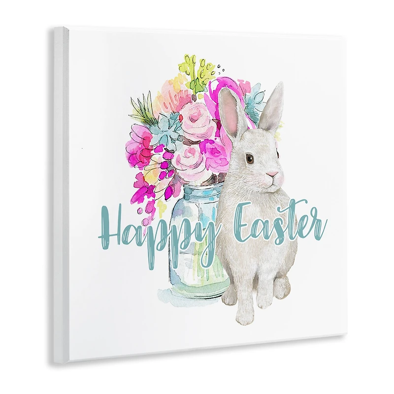 Stupell Industries Happy Easter Calligraphy Bunny Pink Flower Bouquet Wall Plaque Art