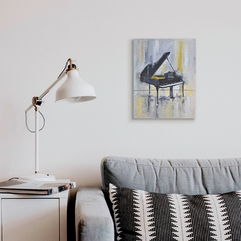 Stupell Industries Distressed Grand Piano Instrument Blue Gold Canvas Wall Art