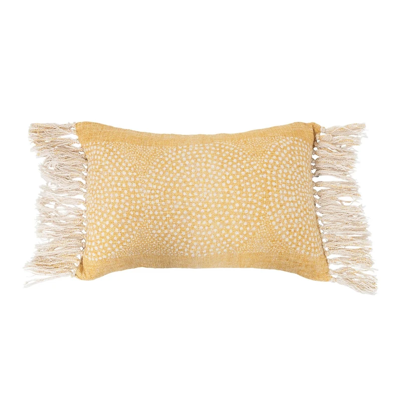 Hello Honey® Mustard Stonewashed Dot Pattern Cotton Slub Lumbar Pillow with Fringe