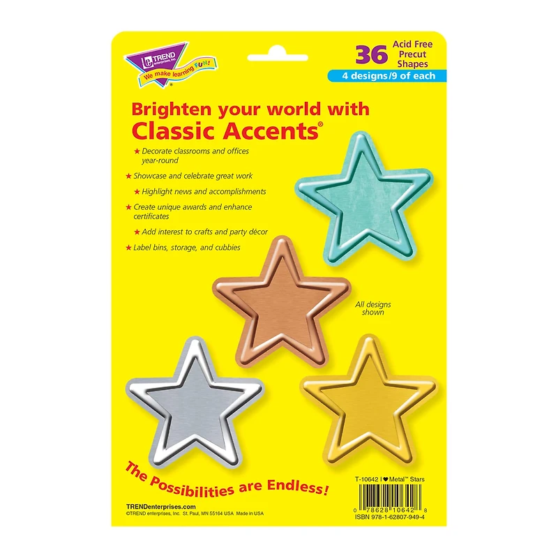 Trend Enterprises® I Heart Metal Stars Classic Accents® Variety Pack, 3 Packs of 36