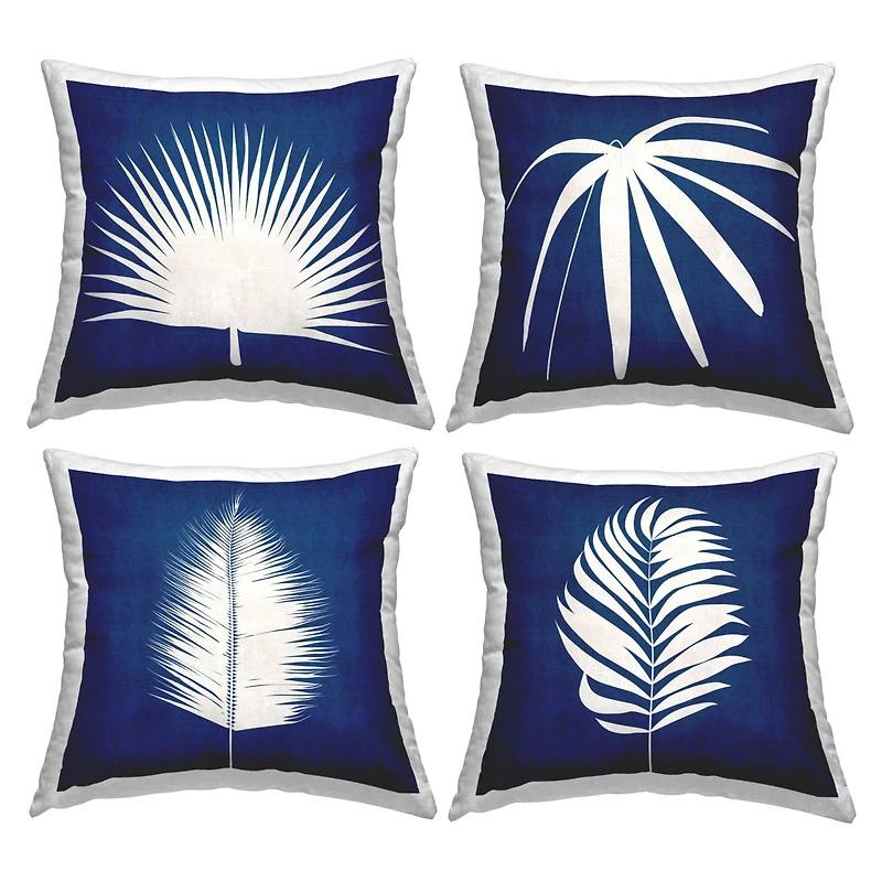 Stupell Industries Bold Blue White Modern Botanical Leaf Shapes 4 Pillow Set, 18" x 18"