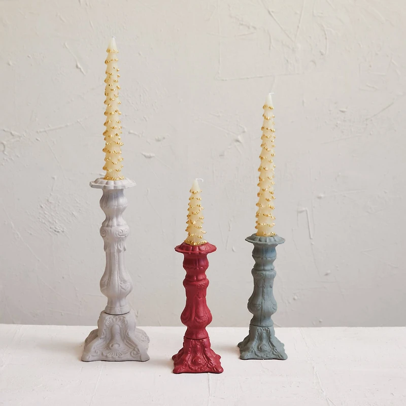 Hello Honey® 12" Gray Embossed Cast Aluminum Taper Candleholder