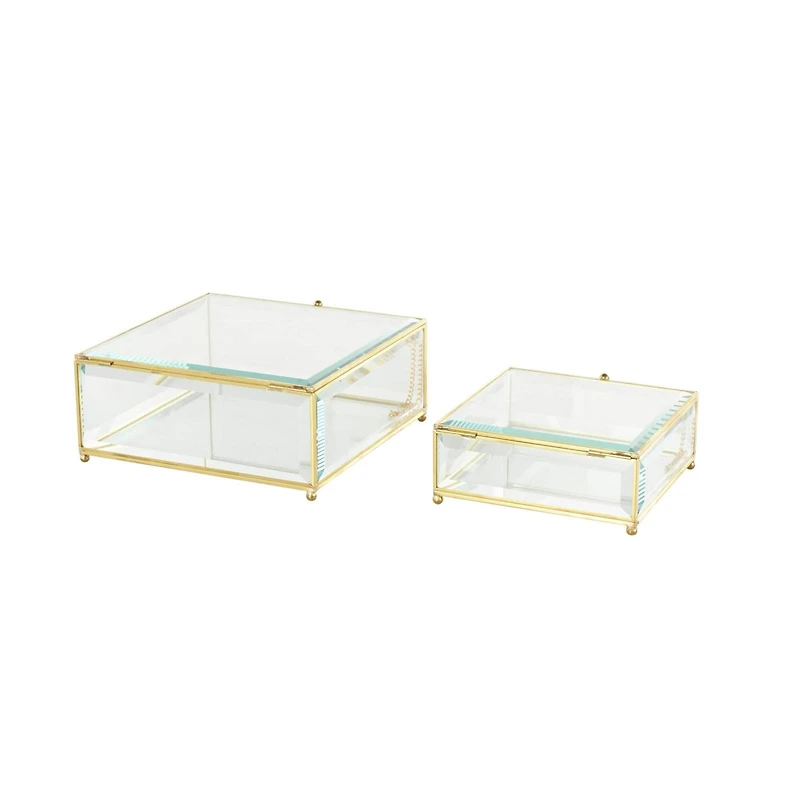 Clear & Gold Beveled Glass & Metal Square Footed Jewelry Box with Chain Accent Set