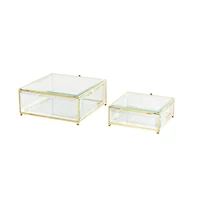 Clear & Gold Beveled Glass & Metal Square Footed Jewelry Box with Chain Accent Set