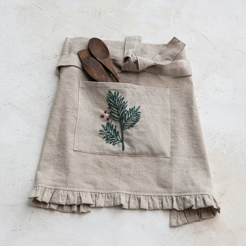 Hello Honey® Natural, Green & Red Woven Cotton & Linen Half Apron with Hand-Embroidered Holly, French Knots, Pocket & Ruffle