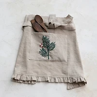 Hello Honey® Natural, Green & Red Woven Cotton & Linen Half Apron with Hand-Embroidered Holly, French Knots, Pocket & Ruffle