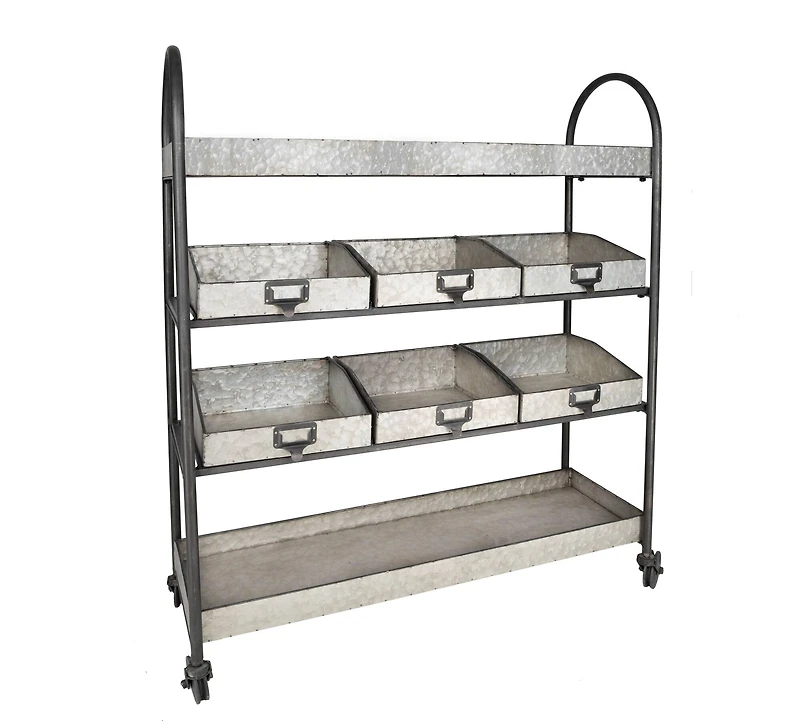 Hello Honey® 46" Rustic Farmhouse Galvanized Metal 4-Tier Cart with 6 Storage Bins
