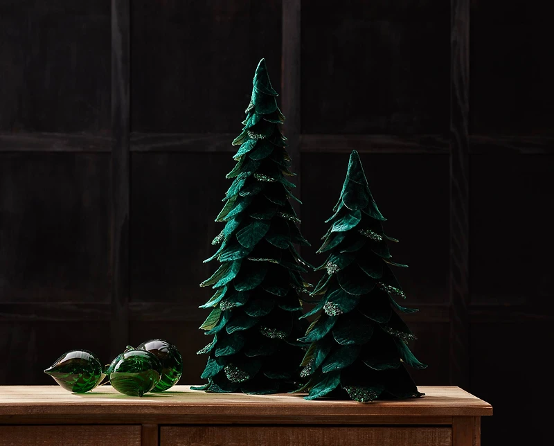 Green Beaded Leaf Pine Tree, Set of 2