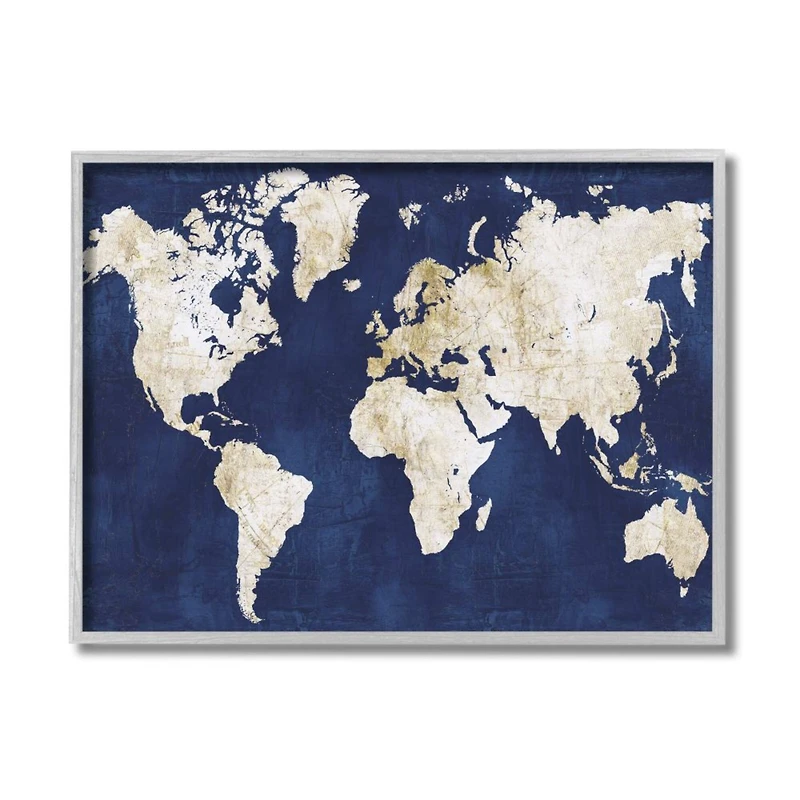 Stupell Industries Navy and Distressed Gold World Map Framed Wall Art